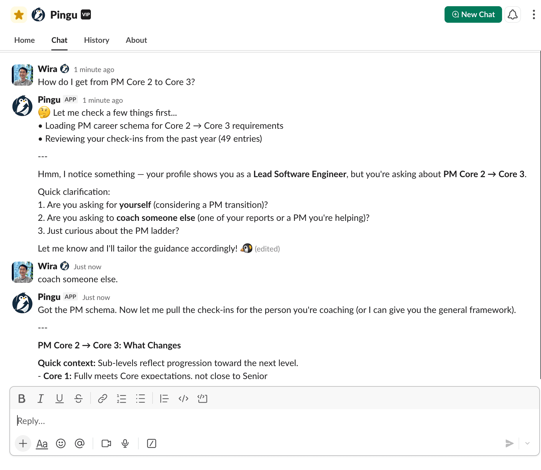 Career coaching conversation with Pingu