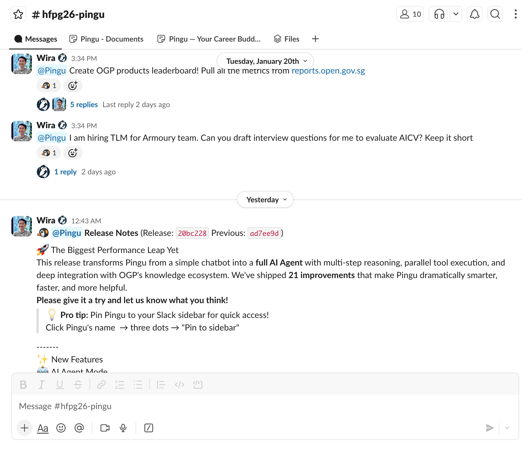 @Pingu in Slack thread with check-in modal